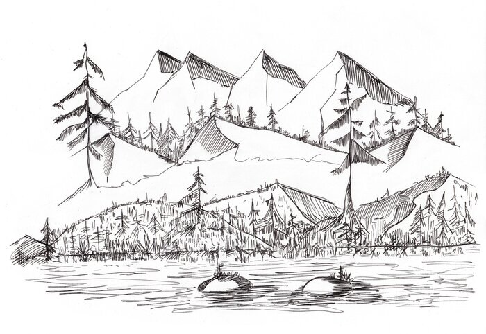 Sticker  Sketch of wild Landscape with Mountains Hill and River, hand drawn illustration by Ink 