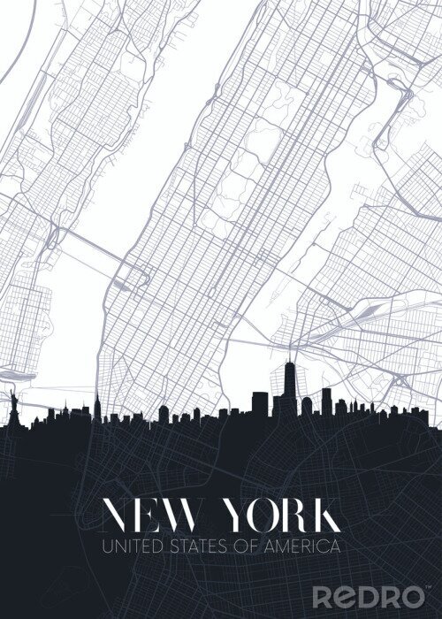Sticker  Skyline and city map of New York, detailed urban plan vector print poster
