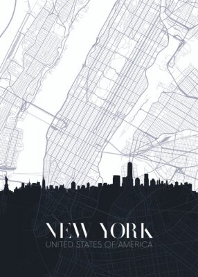 Sticker  Skyline and city map of New York, detailed urban plan vector print poster