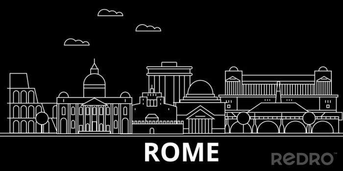 Sticker  Skyline de silhouette de Rome. Italie - Ville de vecteur de Rome, architecture linéaire italienne, bâtiments. Illustration de Rome ligne voyage, monuments. Icône plate de l'Italie, bannière de concept