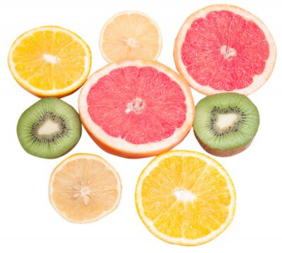 Sticker  sliced oranges grapefruits kiwi lemons isolated on white
