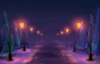 Snowy alley in the park at night by the light of lanterns