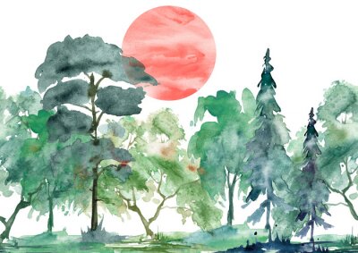 Sticker  Soleil rouge sur la forêt