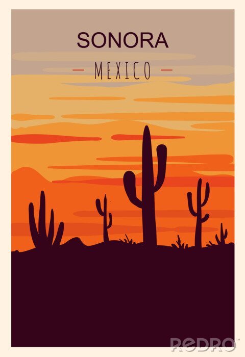 Sticker  Sonora retro poster. Sonora travel illustration. States of Mexico