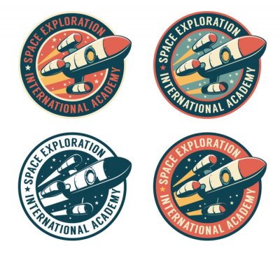 Sticker  Space badge with flying rocket. Galaxy exploration retro emblem with spaceship. Vector vintage illustration.