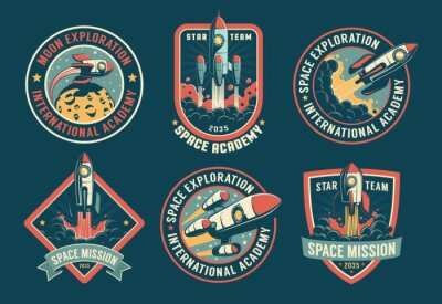 Sticker  Space vintage badges, emblems and labels set. Rocket retro logos pack. Vector illustartion.