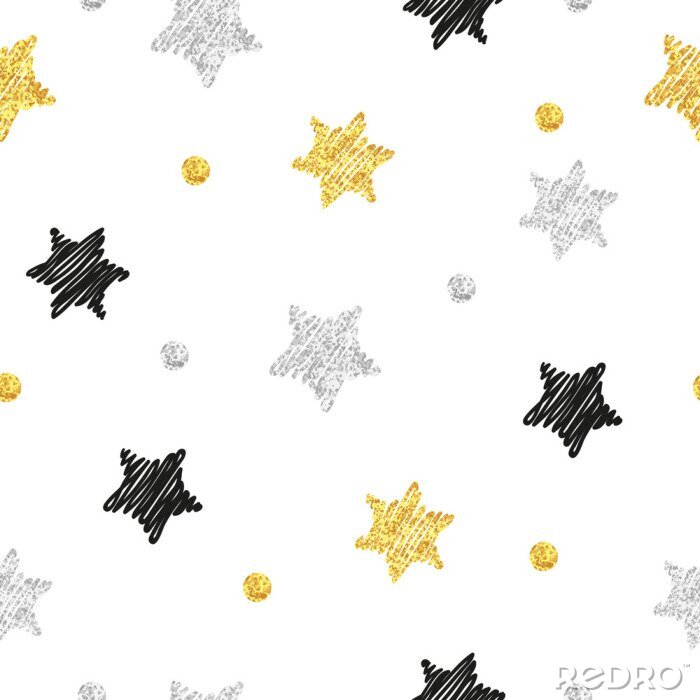 Sticker  Sparkling étoiles modèle sans soudure. Vecteur de fond avec griffonnage noir, argent et or étoiles et points isolé sur blanc.