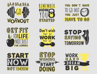 Sticker  Sport motivational logo vector design hand drawn element banner gym crossfit trainings motivation text lettering illustration.