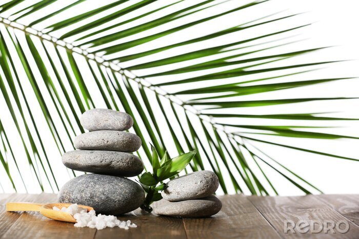 Sticker  Stack of spa stones with spoon of sea salt