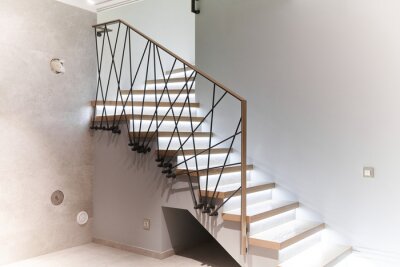 Sticker  Stairs to the top. Design stairs made of metal and wood. backed up. Metal railing in black