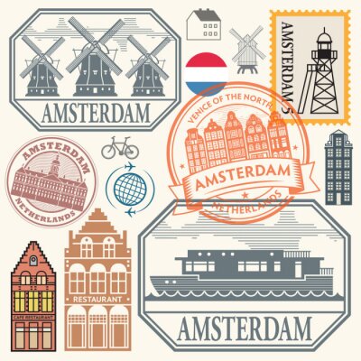 Stamps or symbols set with words Amsterdam, Netherlands