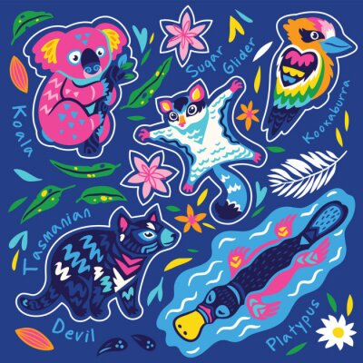 Sticker  Sticker set of decorative australian animals stickers, badges, icons, patches, design elements. Vector illustration