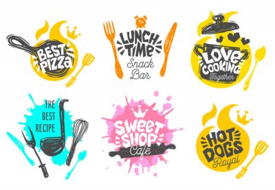 Sticker  Style de croquis de cuisson lettrage des icônes définies. Pour badges, étiquettes, logo, confiserie, boulangerie, snack-bar, festival de rue, marché de producteurs, cours de cuisine pour foire champêt
