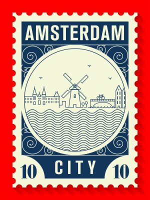 Sticker  Style de ligne de ville d'Amsterdam Design de timbres-poste
