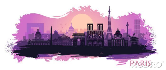 Sticker  Stylized landscape of Paris with Eiffel tower, arc de Triomphe and Notre Dame Cathedral with spots and splashes of paint