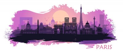 Sticker  Stylized landscape of Paris with Eiffel tower, arc de Triomphe and Notre Dame Cathedral with spots and splashes of paint