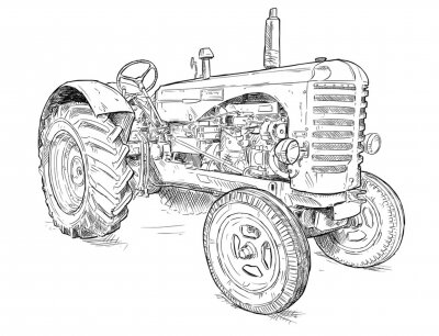Sticker  Stylo artistique de vecteur et dessin du vieux tracteur à l'encre. Tracteur a été fabriqué en Écosse, Royaume-Uni entre 1954 - 1958 ou 50.