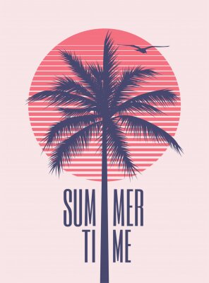 Summer time minimalistic vintage styled poster design template with palm silhouette and red sun on background for summer party or event. Vector illustration