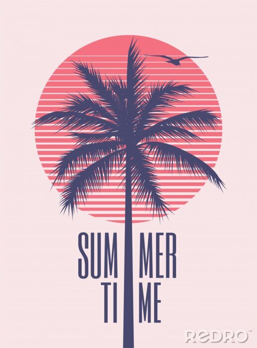Sticker  Summer time minimalistic vintage styled poster design template with palm silhouette and red sun on background for summer party or event. Vector illustration