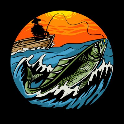 Sticker  Sunset fishing illustration. Fisherman on wooden boat with a fishing rod pulls a fish vector for tshirt design, poster, web, sticker, or wallpaper