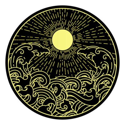 Sticker  sunshine and water wave in round shape.Oriental symbolic illustration.