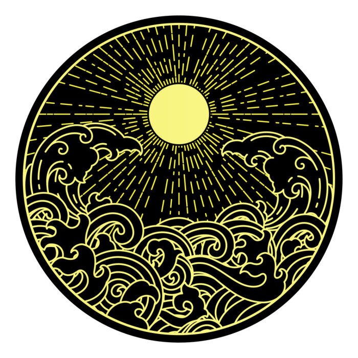 Sticker  sunshine and water wave in round shape.Oriental symbolic illustration.