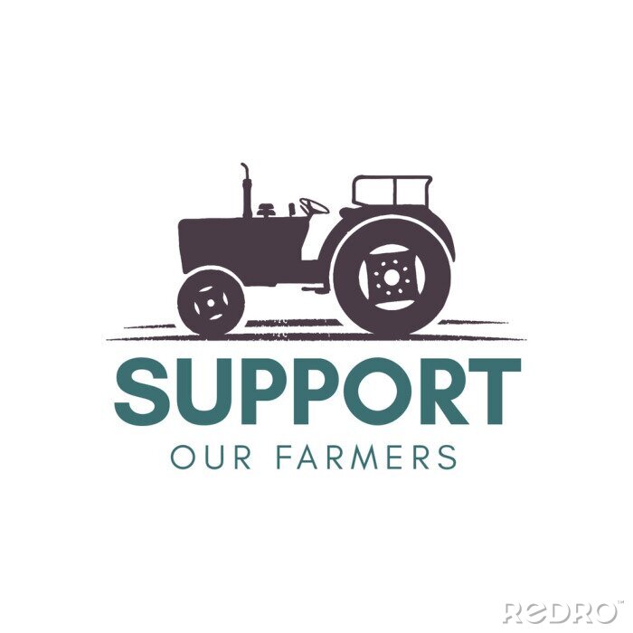 Sticker  Support our farmer logo template. Farming badge with tractor. Stock vector badge