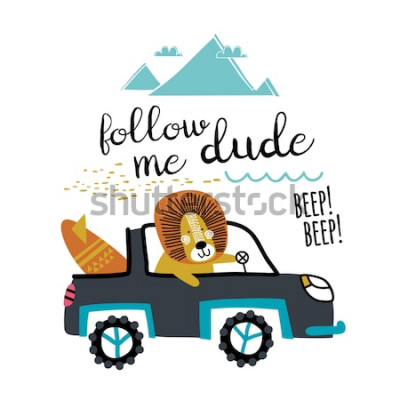 Sticker  Surfeur de lion dans un graphique de vacances en voiture