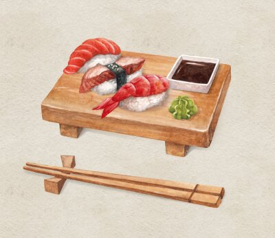 Sticker  Sushi délicieux. Watercollor illustrations