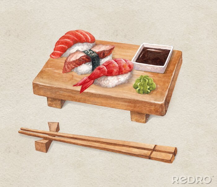 Sticker  Sushi délicieux. Watercollor illustrations