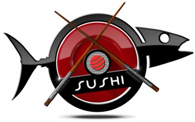 Sushi - icône avec des baguettes en bois / icône ou symbole en forme de poisson avec plaque rouge, baguettes de bois et d'argent, rouleau de sushi et texte sushi. Isolé sur fond blanc