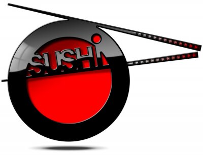 Sticker  Sushi Menu - Banner avec des baguettes / bannière rouge et noir avec des baguettes et du texte Sushi. Modèle, sushi, menu, isolé, blanc, fond