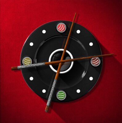Sushi Time Concept - Horloge / Horloge composé par une plaque noire avec des baguettes en bois et en argent à la place des aiguilles d'horloge et quatre rouleaux de sushi. Sur, rouges, velours, fond