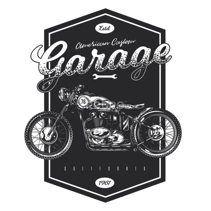 Sticker  T-shirt or poster design with an illustration of an old motorcycle. Design with text composition on light and dark background.