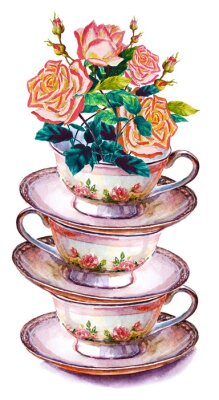 Sticker  Tas de tasses et de fleurs