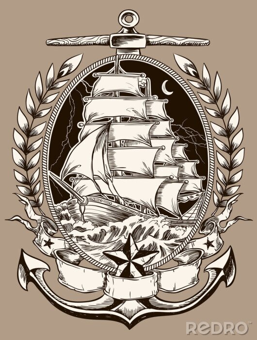 Sticker  Tattoo Pirate Ship de style à Crest