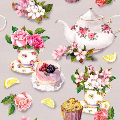 Teatime motif: fleurs, tasse à thé, gâteau, théière. Aquarelle. Seamless, fond