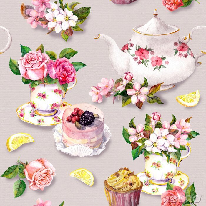 Sticker  Teatime motif: fleurs, tasse à thé, gâteau, théière. Aquarelle. Seamless, fond