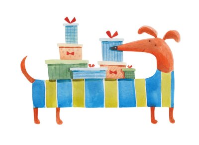 Sticker  Teckel avec des cadeaux