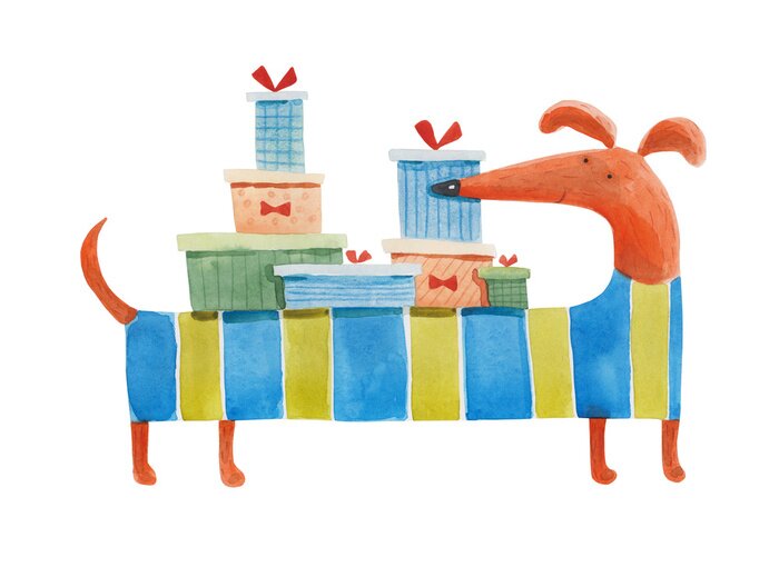 Sticker  Teckel avec des cadeaux