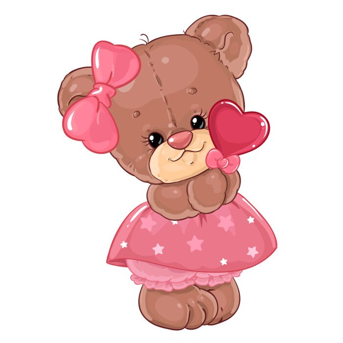 Sticker  Teddy bear girl with heart lollipop. Cute children's character.