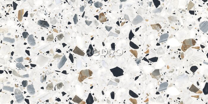 Sticker  Terrazzo marble flooring seamless texture. Natural stones, granite, marble, quartz, limestone, concrete. Beige background with colored chips.