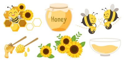 Sticker  The collection of cute character of cute bee with beehive and honey jar and honey spoon and sunflower in flat vector style.Graphic resource about bee for graphic,content , banner, sticker label.