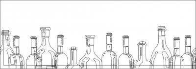 Sticker  The silhouettes of the bottles of alcohol on a white background. Long banner for website design, menu, and wine list. Vector drawing.

