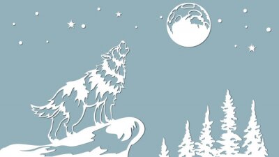 Sticker  The wolf howls at the moon. Vector illustration. Paper wolf sticker. Laser cut. Template for laser cutting and Plotter. Vector illustration. Sticker. Pattern for the laser cut, serigraphy, plotter and