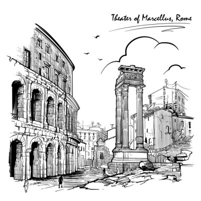 Sticker  Theater of Marcellus and portico of Octavia in Rome, Italy. Engraving style sketch. Vintage design. Travel sketchbook drawing. EPS10 vector illustration.
