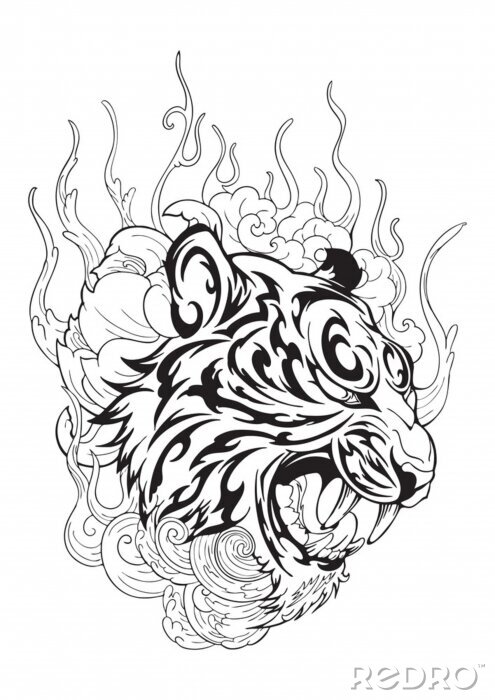 Sticker  Tiger head in roar with lotus flower decorate with cloud or smoke design with oriental  Japanese tattoo style vector 