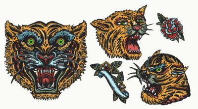 Sticker  Tigers. Old school tattoo collection. Asian wild cats. Oriental style. Isolated elements. Traditional tattooing, japan style