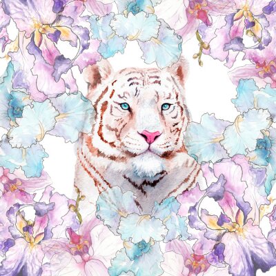 Sticker  Tigre blanc et fleurs pastel