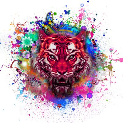 Sticker  Tigre rouge et éclaboussures de peinture colorées